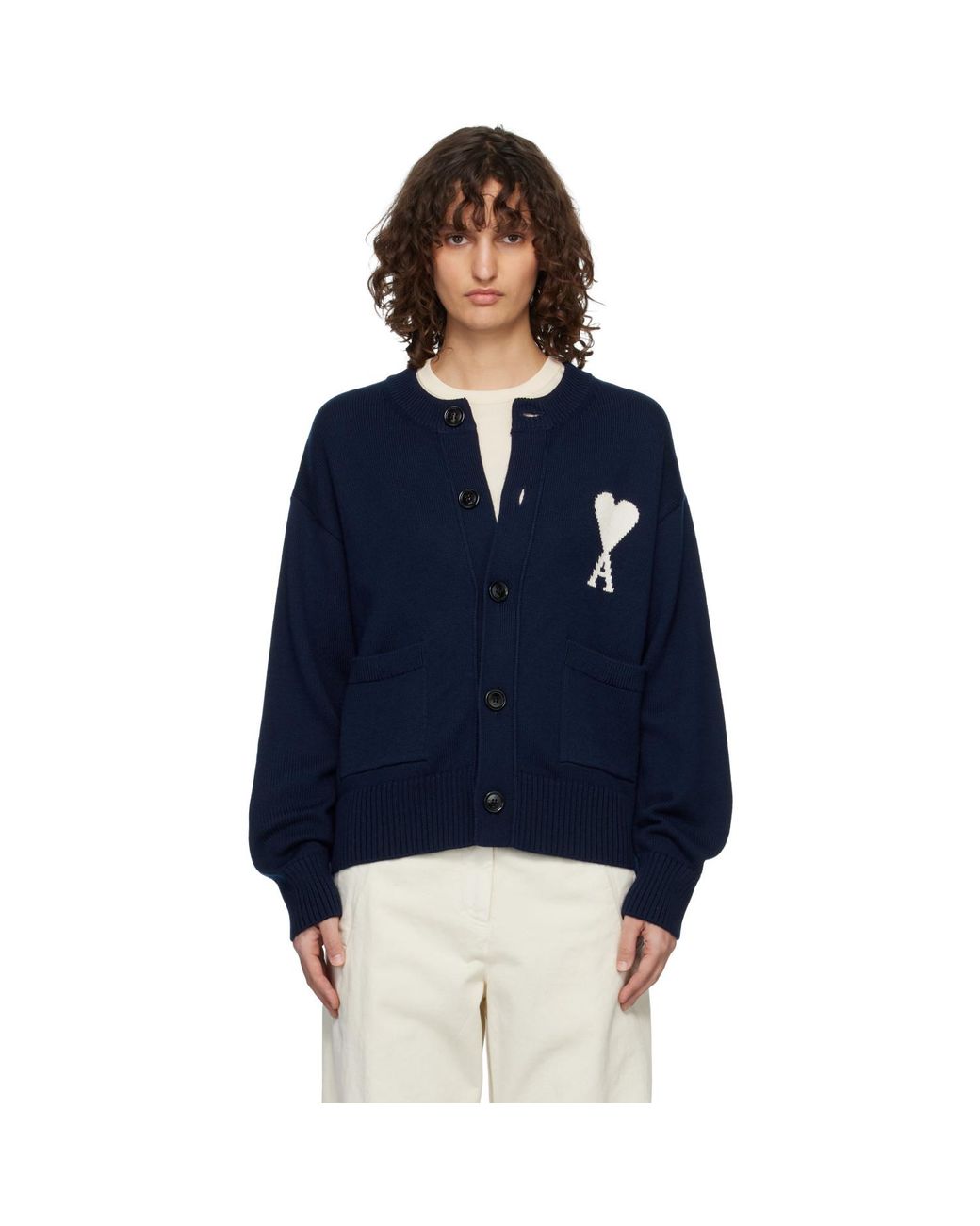 AMI Blue Wool Crewneck Ami De Coeur Cardigan