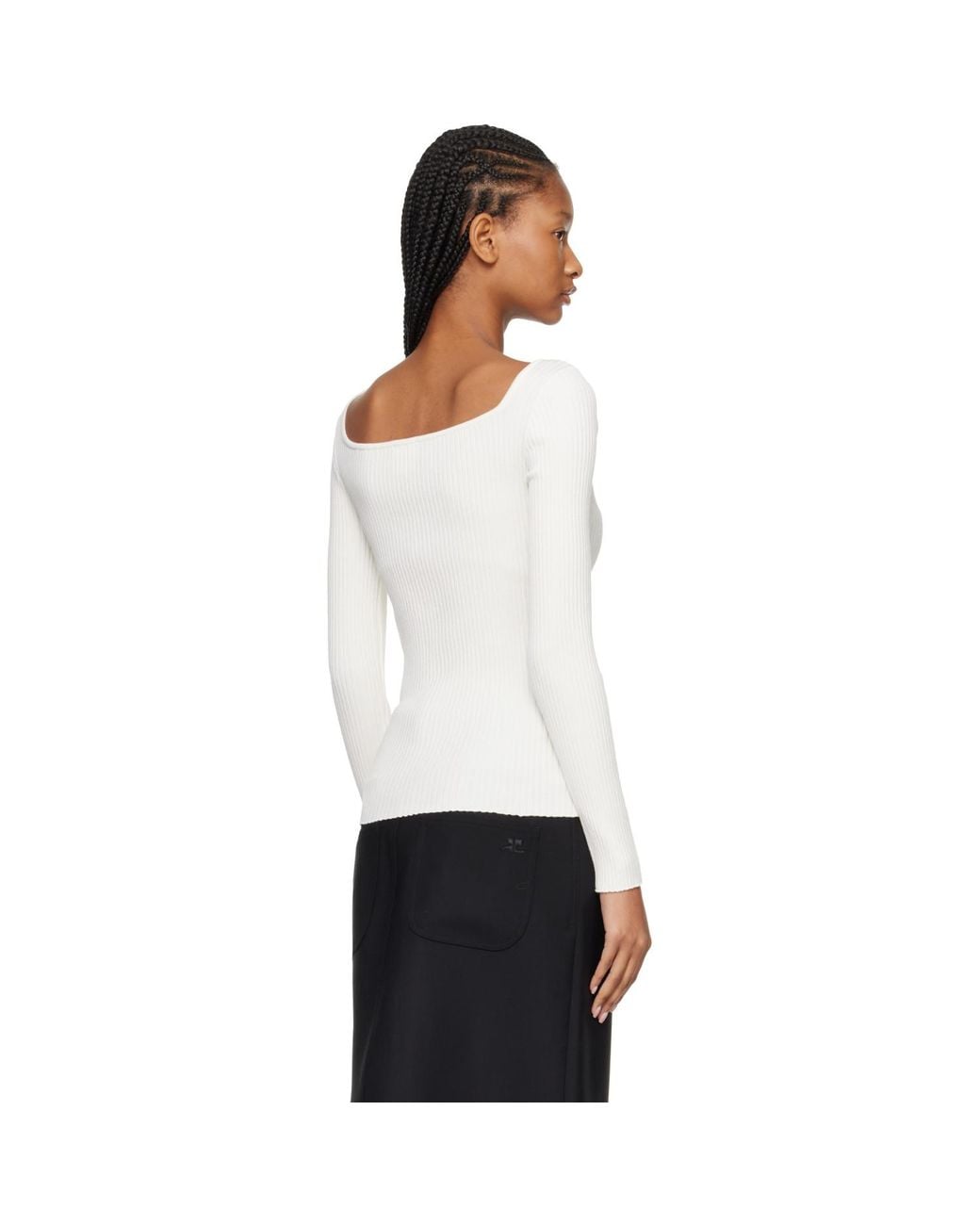 Courreges White Square Neck Rib Knit Sweater