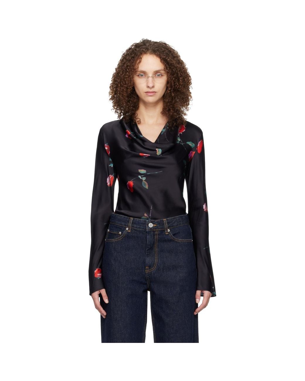 Ganni Black Printed Satin Blouse