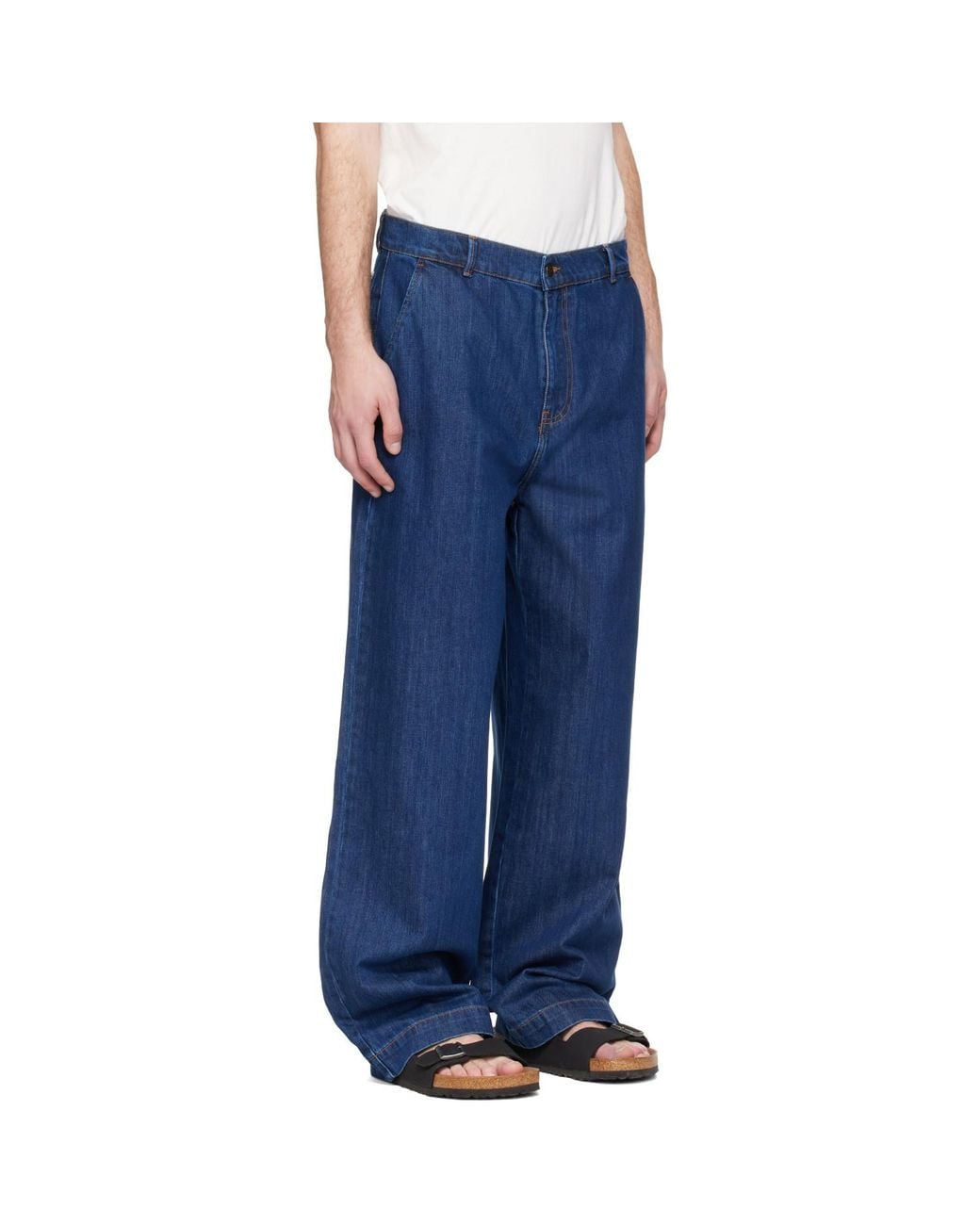 Merz B. Schwanen Blue 1940S Cotton Denim High Rise Wide Leg Chino Jeans for men