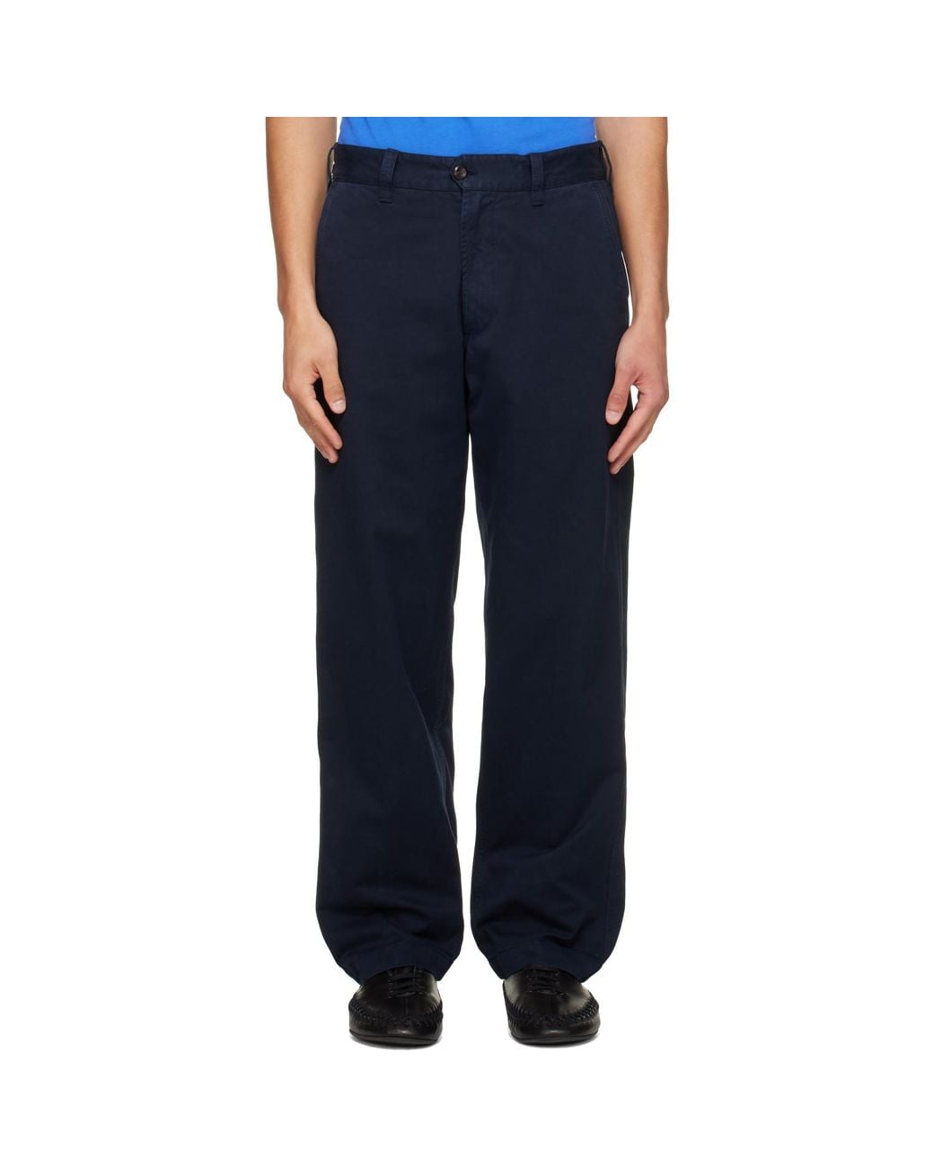Drake's Blue Heavy Cotton Flat Front Trousers for men