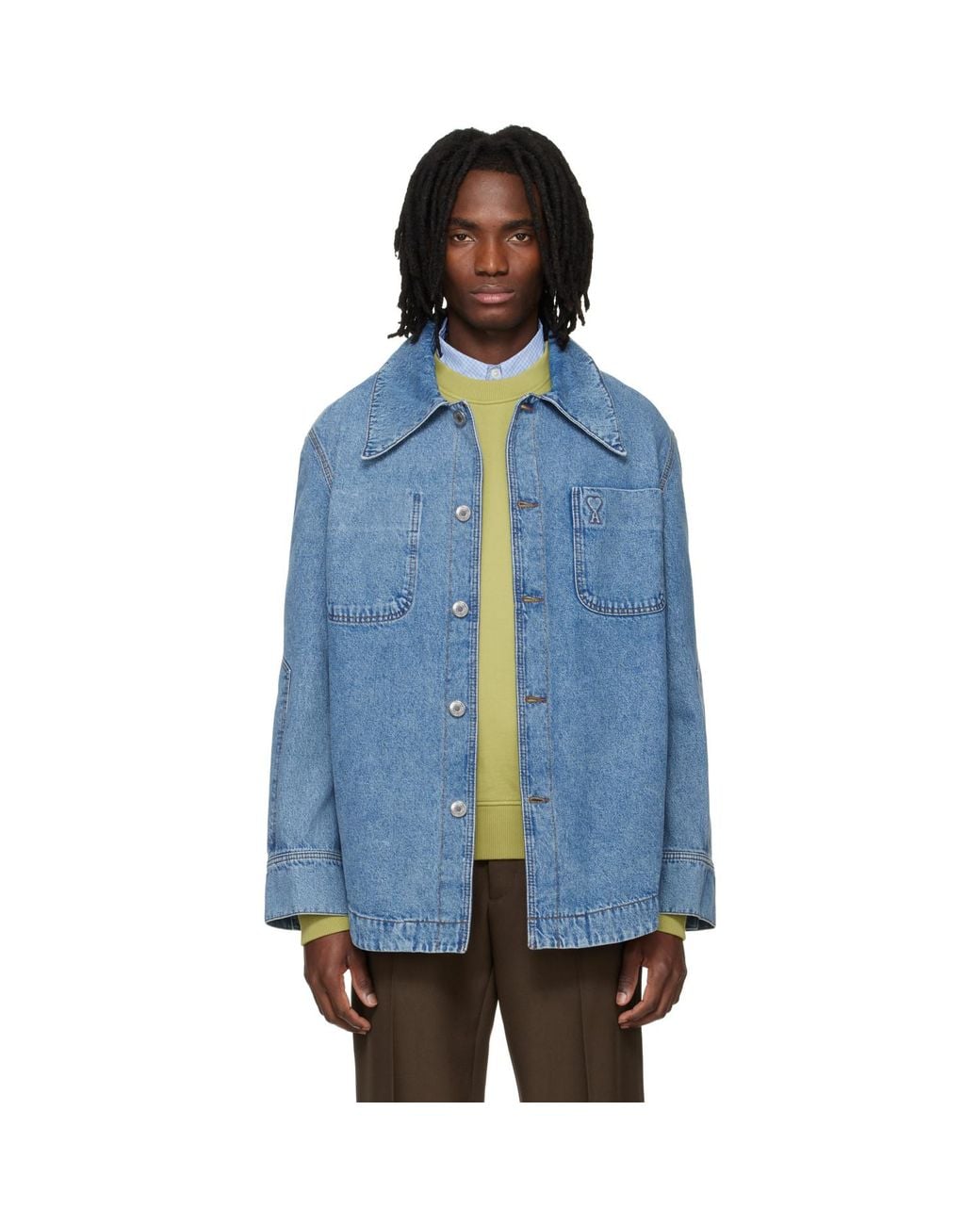 AMI Blue Cotton Ami De Coeur Denim Worker Jacket for men