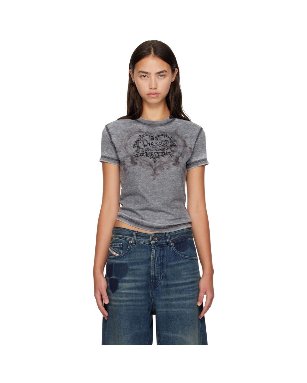 DIESEL Blue Rhinestones & Burnout Effect Jersey T-Shirt
