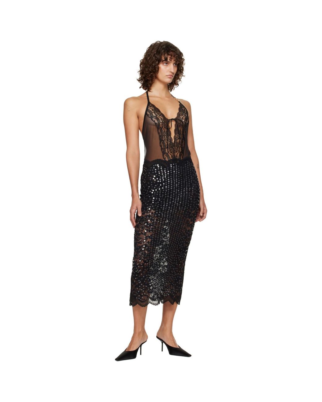 Versace Black Embroidered Lace-Trim Bodysuit