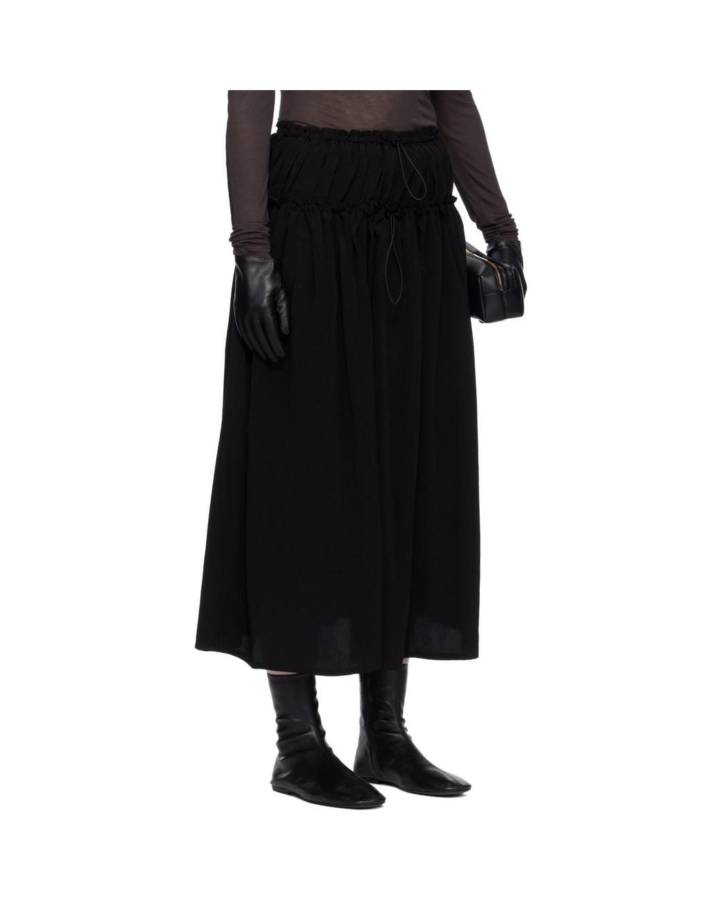 Y's Yohji Yamamoto Black Crepe De Chine Double Gathered Maxi Skirt
