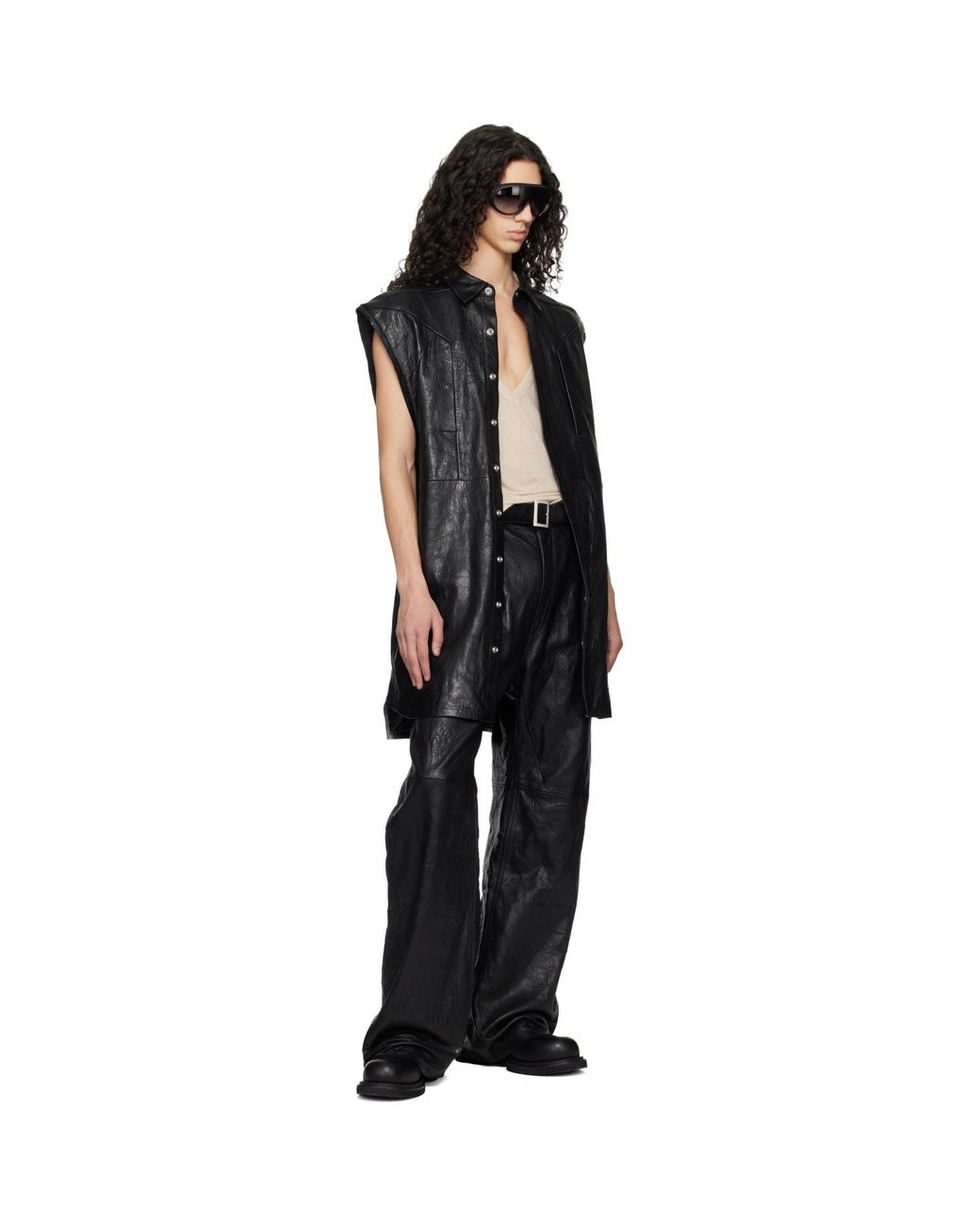 Rick Owens Black Temple Jumbo Outshirt Leather Vest for men