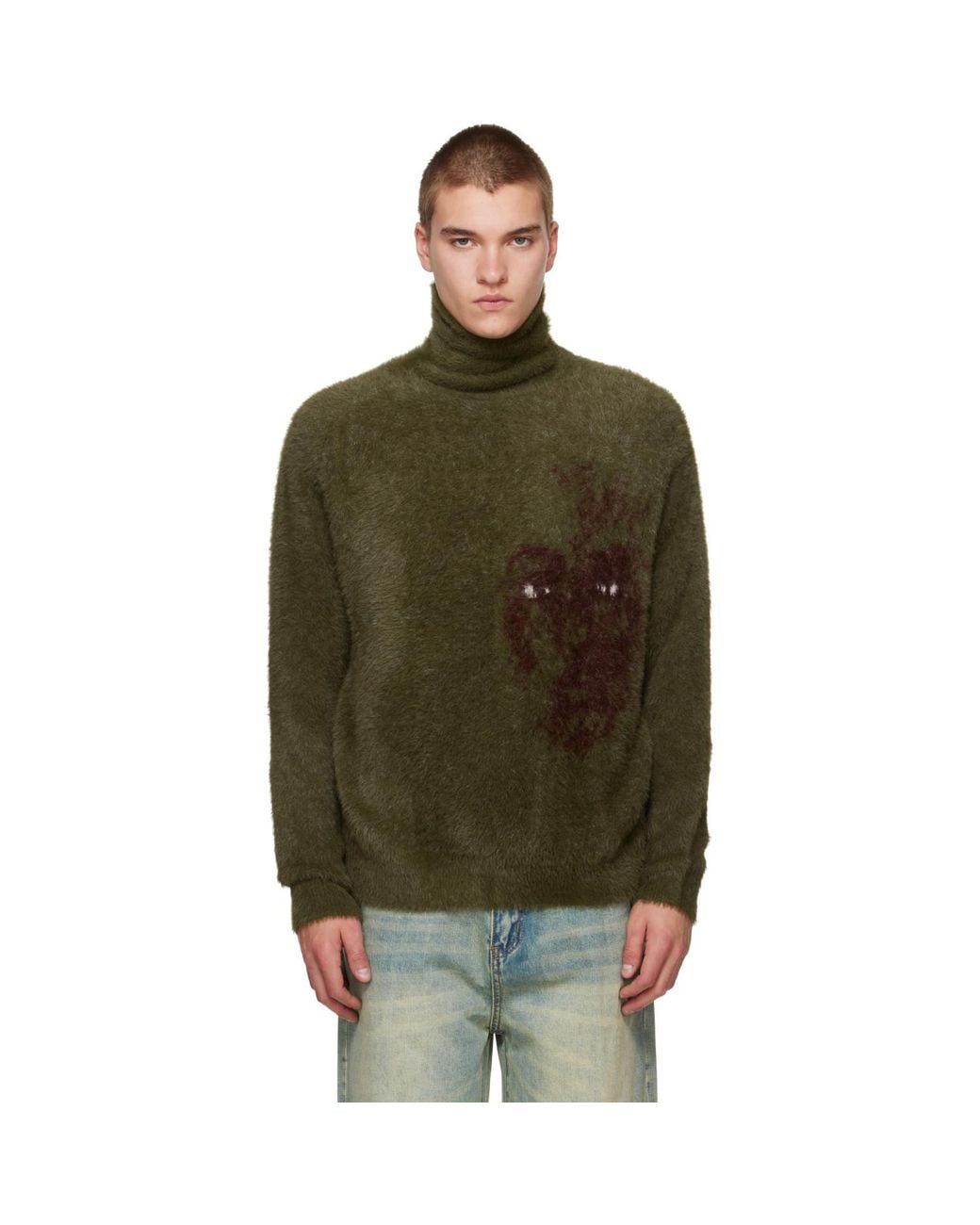 Kidsuper Green Fuzzy Knit 'Hatched Face' Turtleneck for men