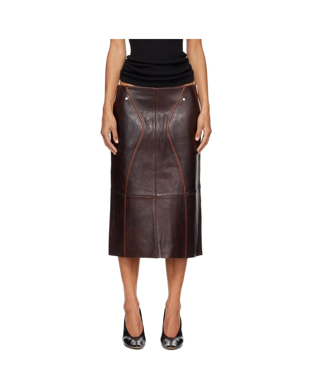 Helmut Lang Brown Saddle Leather Midi Skirt