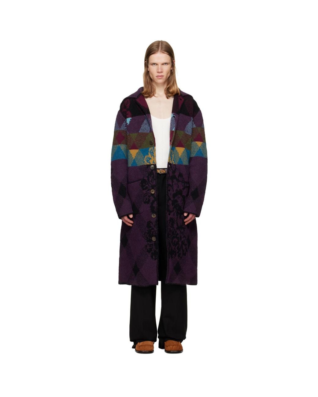 Dries Van Noten Blue Patchwork Wool Cardigan Coat for men