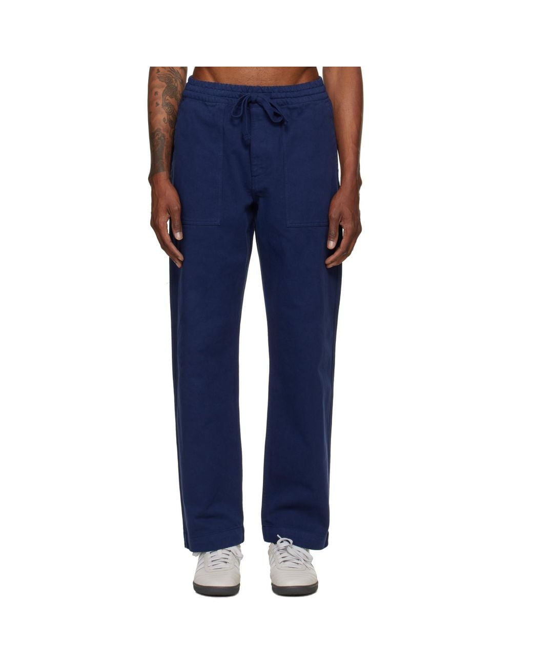 Merz B. Schwanen Blue Cotton Twill Drawstring Worker Trousers for men