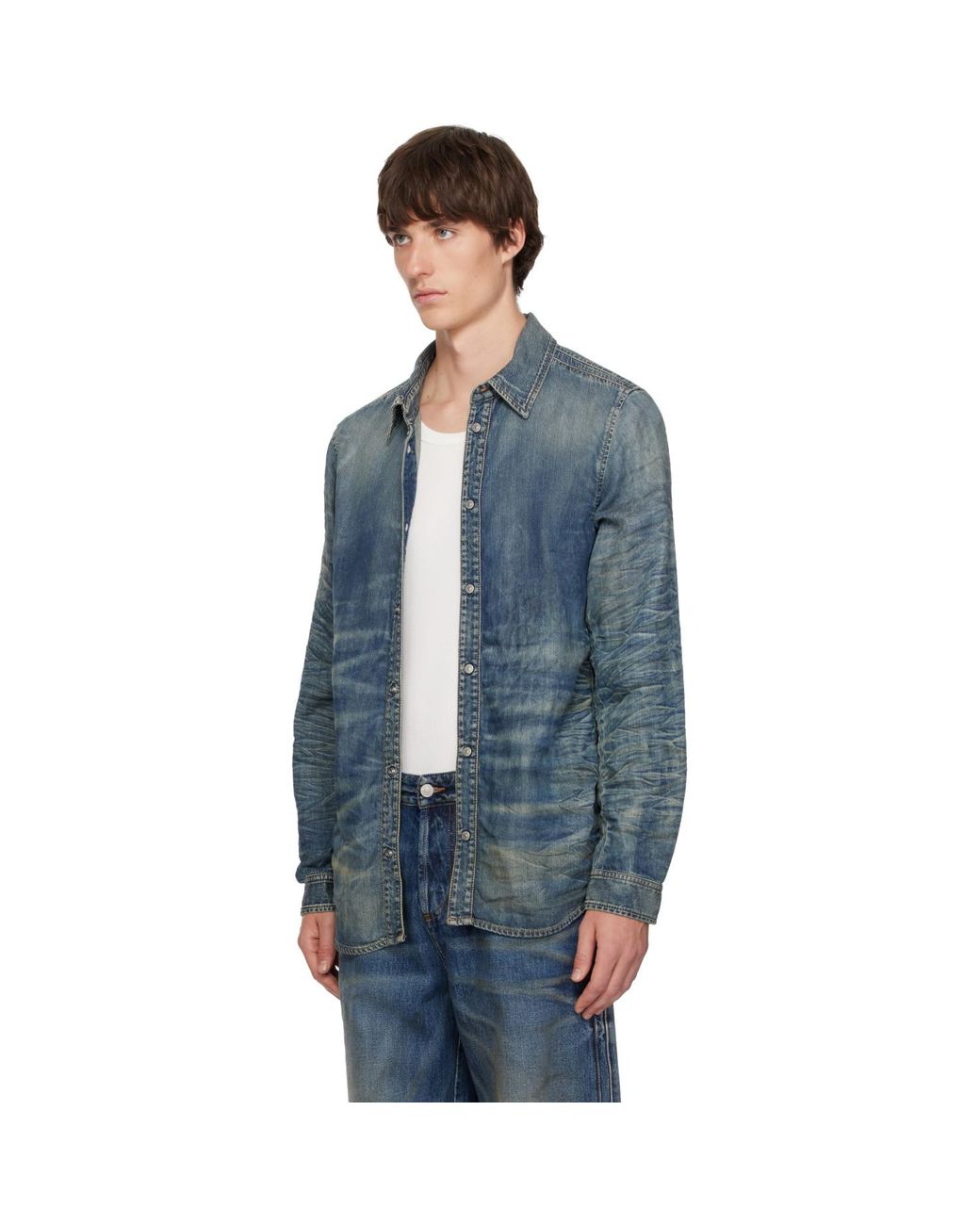 DIESEL Blue Dirty-Effect Creased Denim Shirt for men