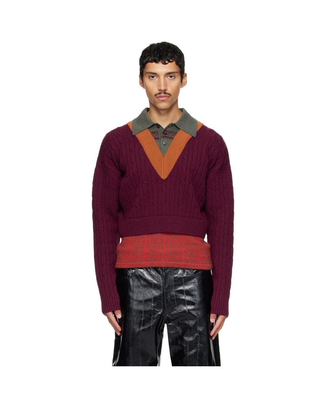 Dries Van Noten Burgundy Layered Wool Polo for men
