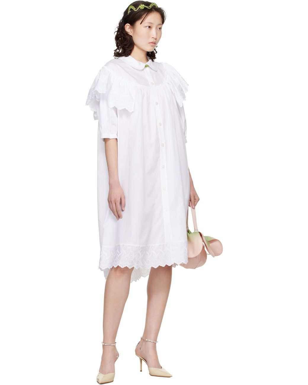 Simone Rocha Black Puff Sleeve Ruffle Frill Trim Shirt Midi Dress
