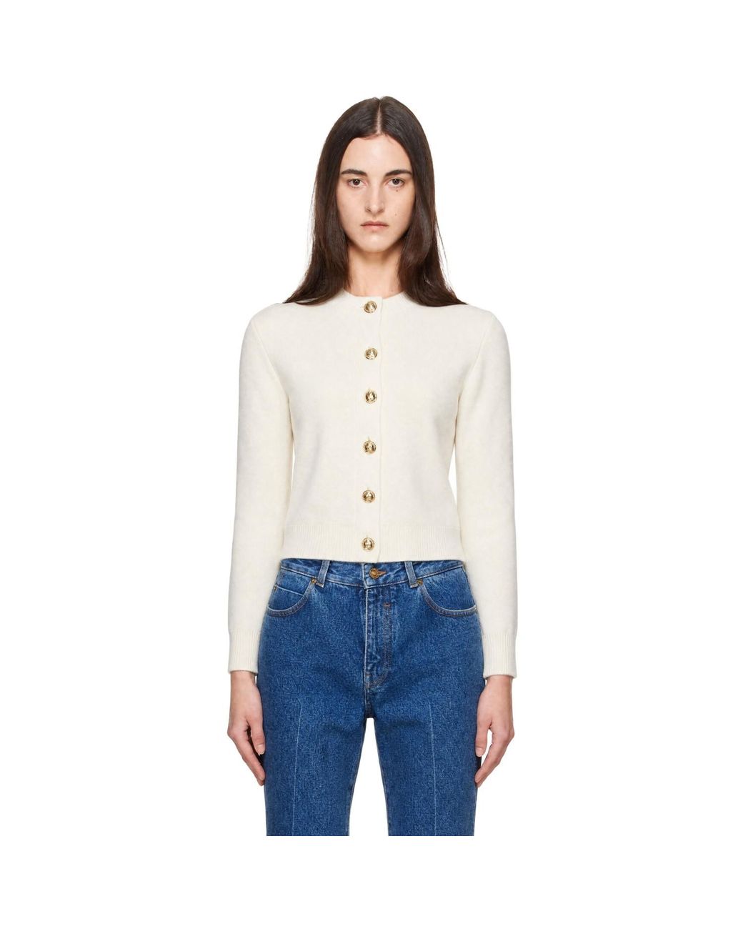 Balmain White Off- Buttoned Round Collar Cashmere Cardigan
