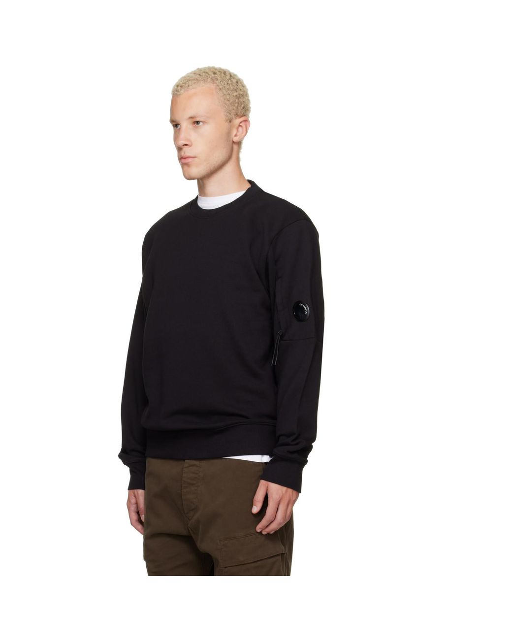 C P Company Black Diagonal Raised Fleece Crewneck Lens Sweatshirt for men