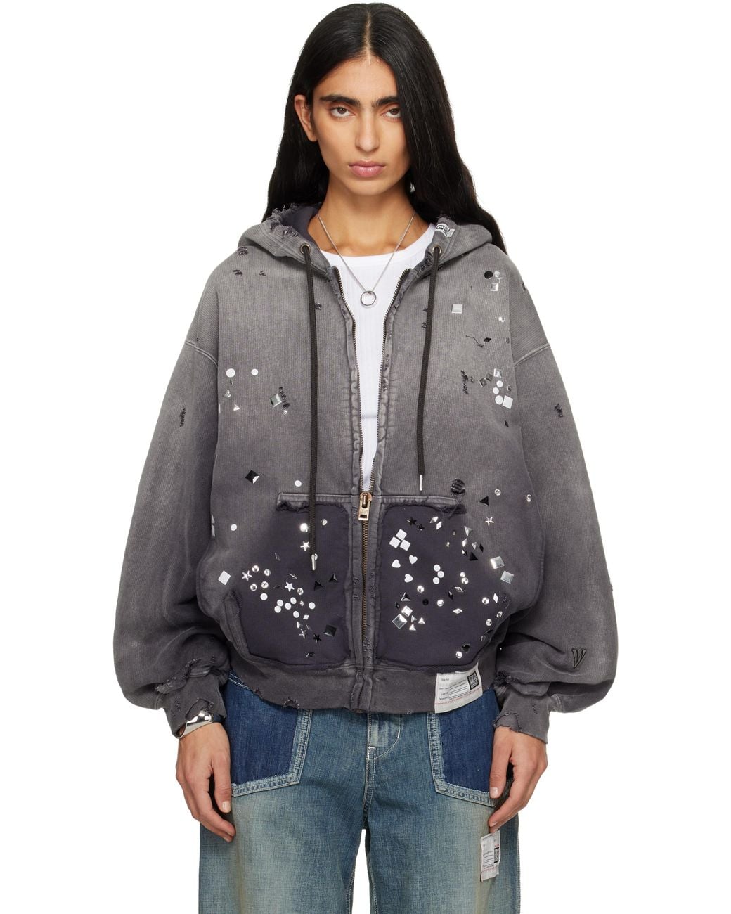 Maison Mihara Yasuhiro Sun Faded Like Embellished Zip-Up Hoodie in