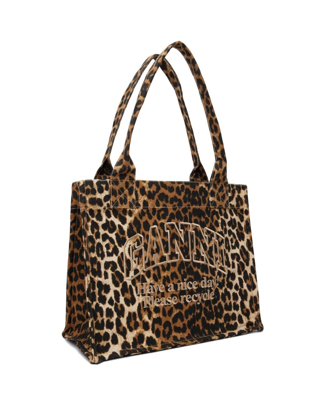 Ganni Brown Leopard Large Canvas Tote