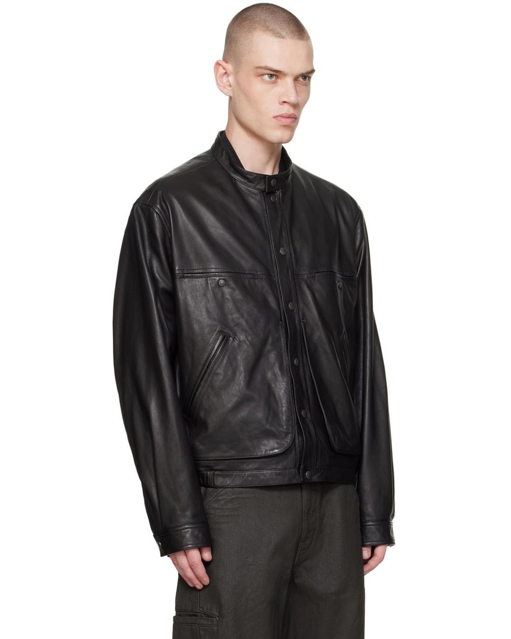 Lemaire Stand Collar Leather Jacket in Black for Men | Lyst