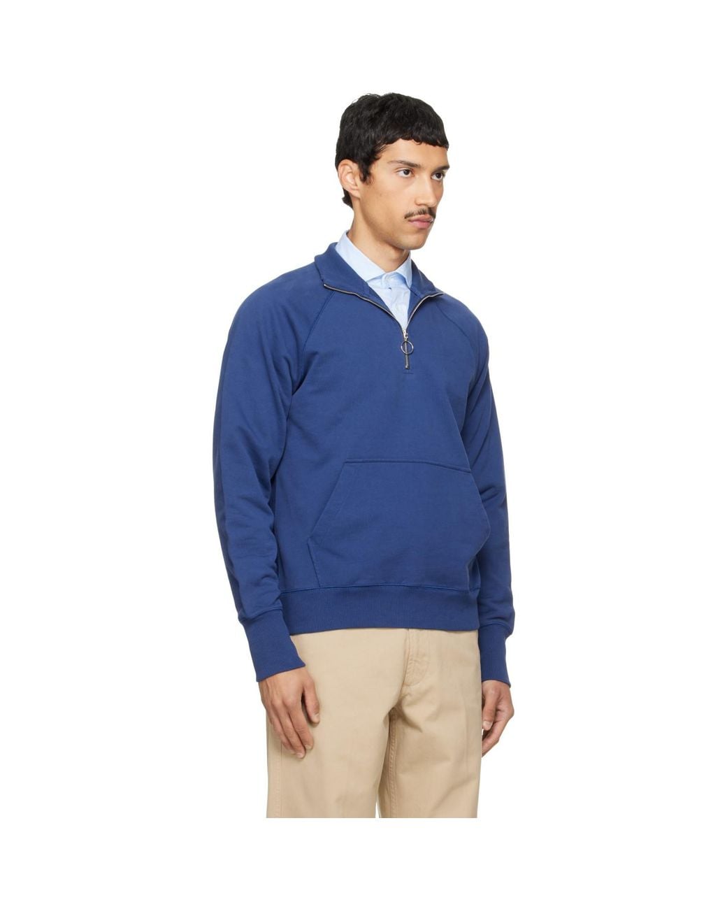 Drake's Blue Cotton Quarter Zip Sweatshirt for men