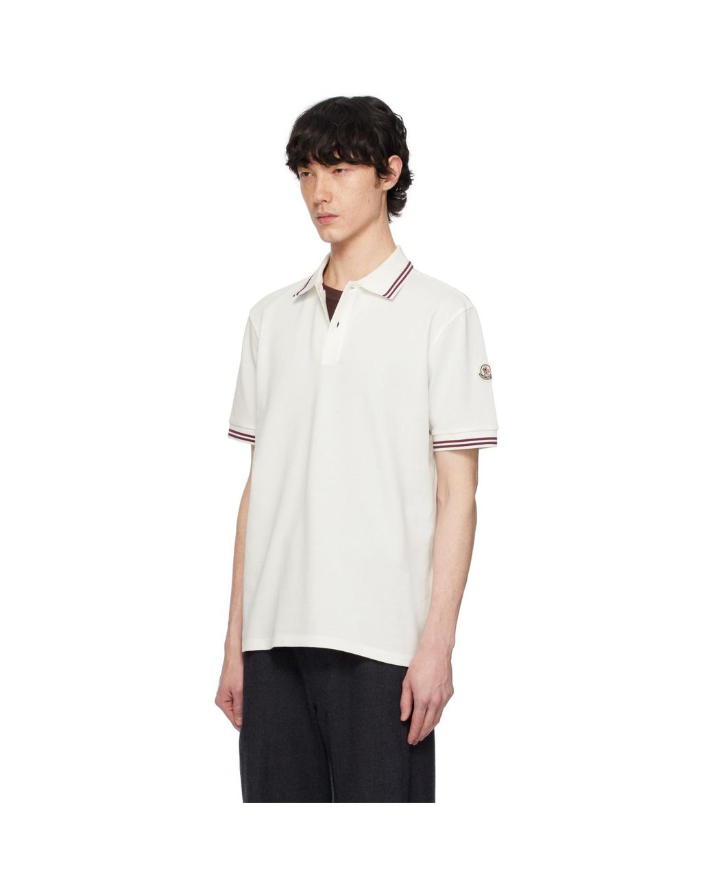 Moncler White Striped Trim Cotton Piquet Polo for men