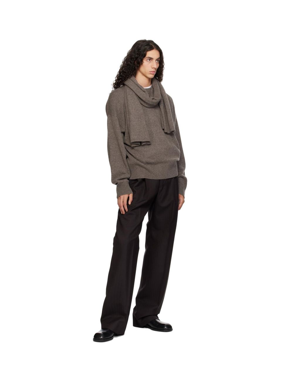 YACAIA Brown Taupe Y-0012 Knitted Merino Cashmere Scarf for men