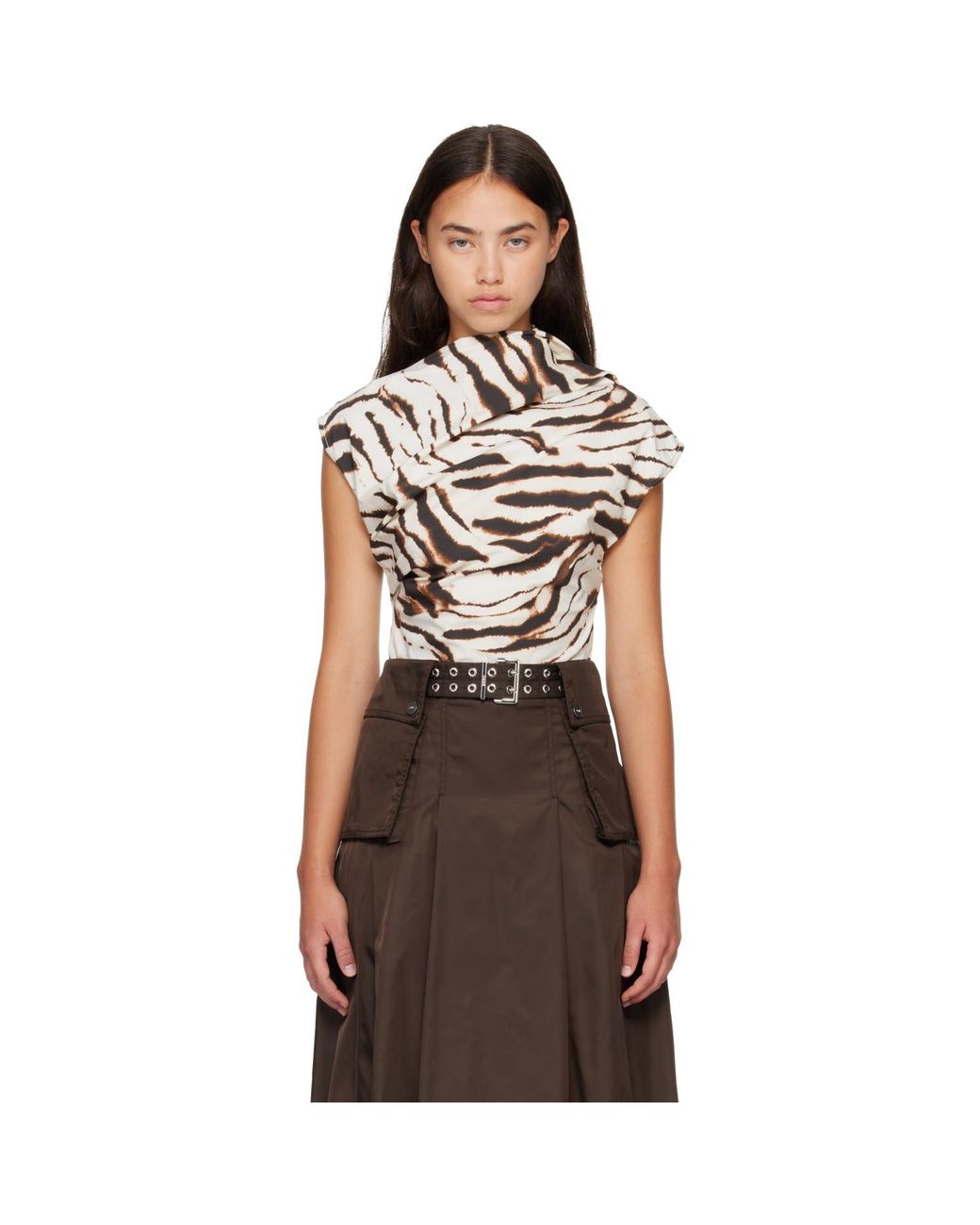 Ganni Brown Off- Printed Stretch Cotton Ruched Top