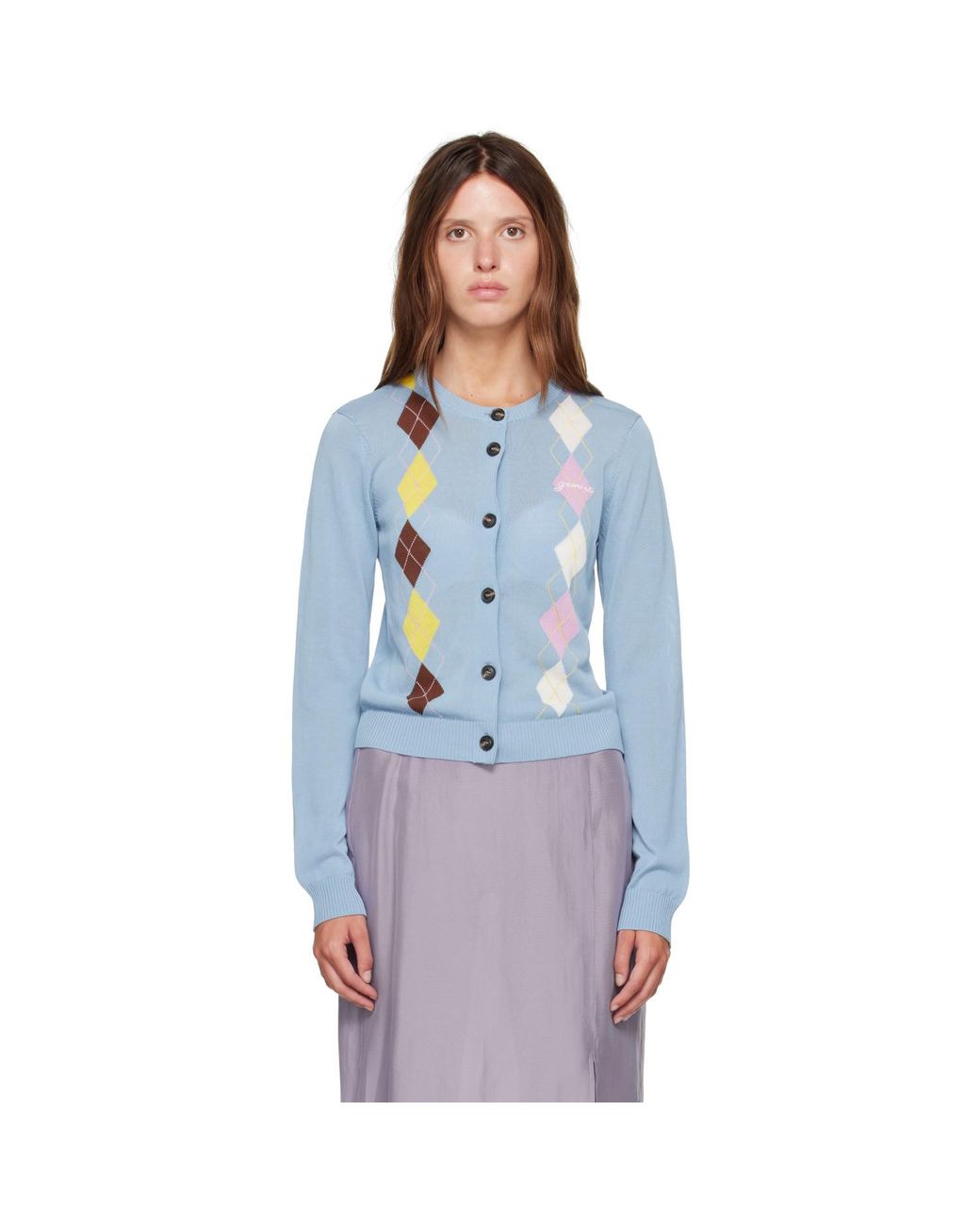 Ganni Blue Argyle Cardigan