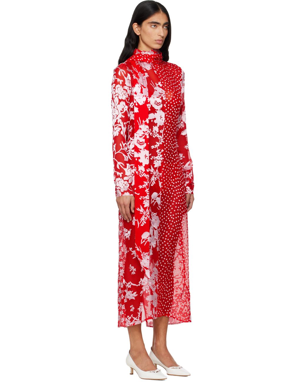 MARINE SERRE Red Regenerated Raso Silk Scarves Ls Maxi Dress