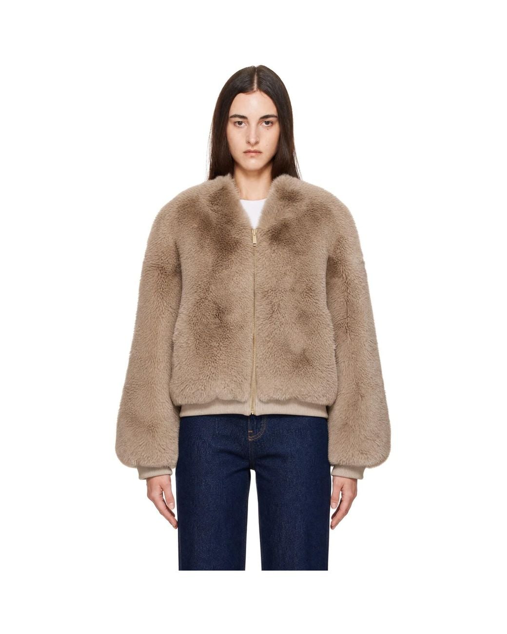 Frankie Shop Natural Taupe Senna Collarless Faux-Fur Jacket