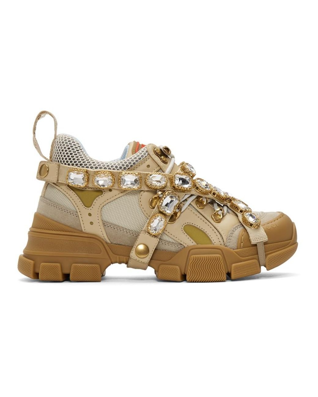 Gucci Flashtrek Sneaker With Removable Crystals in Beige Leather