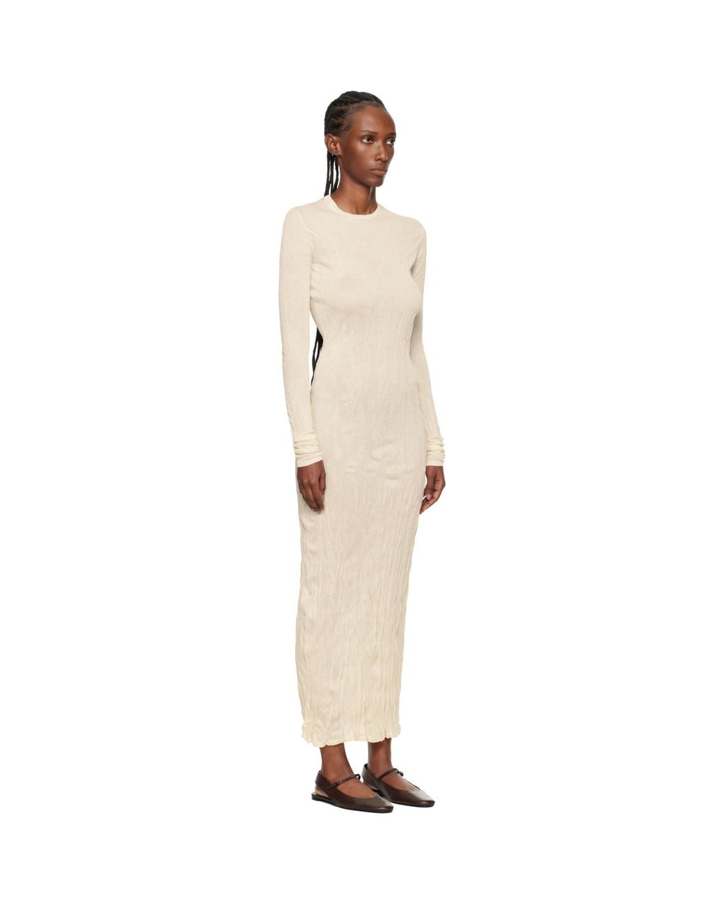 Totême Black Crinkled Knit Long-Sleeve Midi Dress
