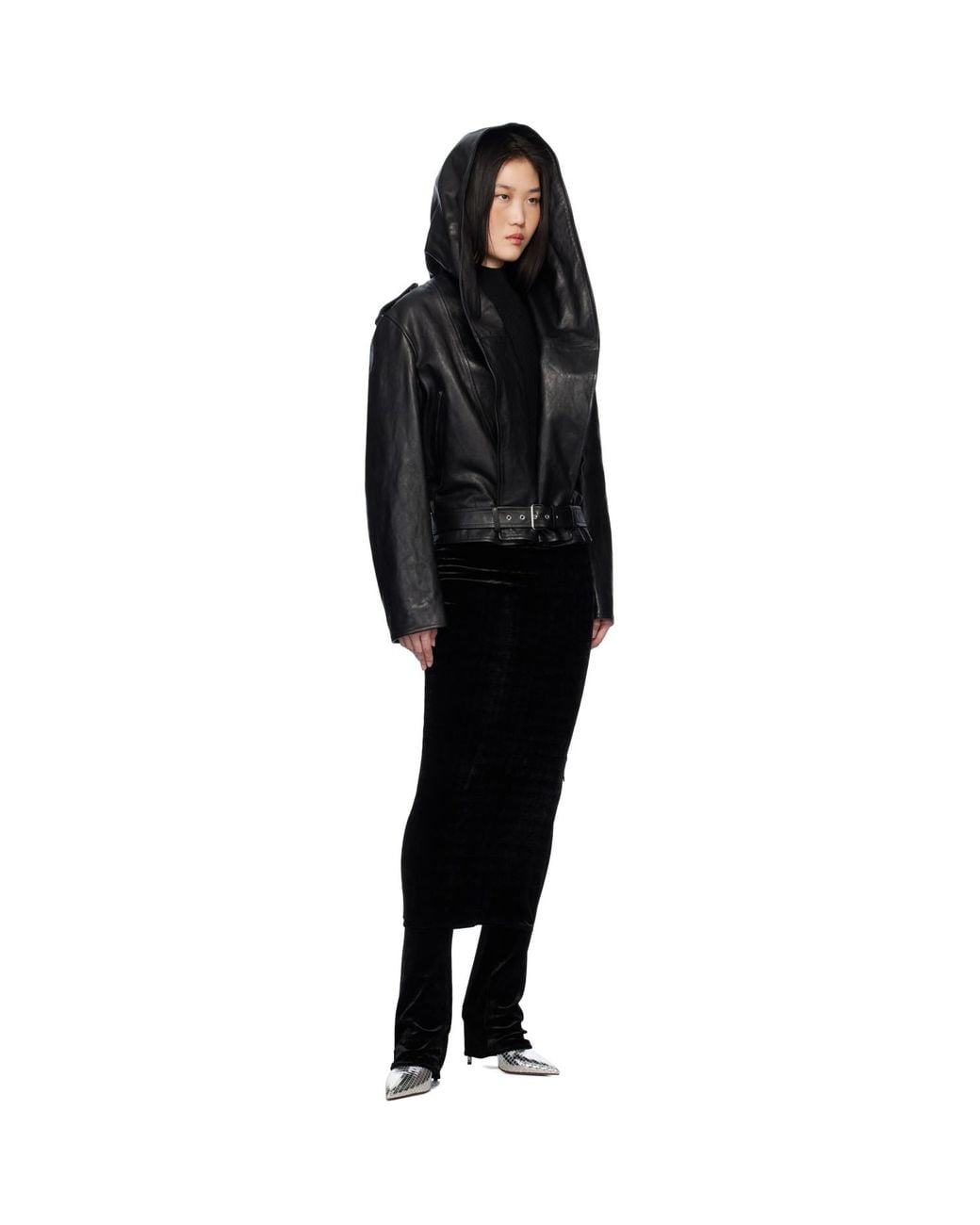 Alaïa Black Hooded Biker Leather Jacket