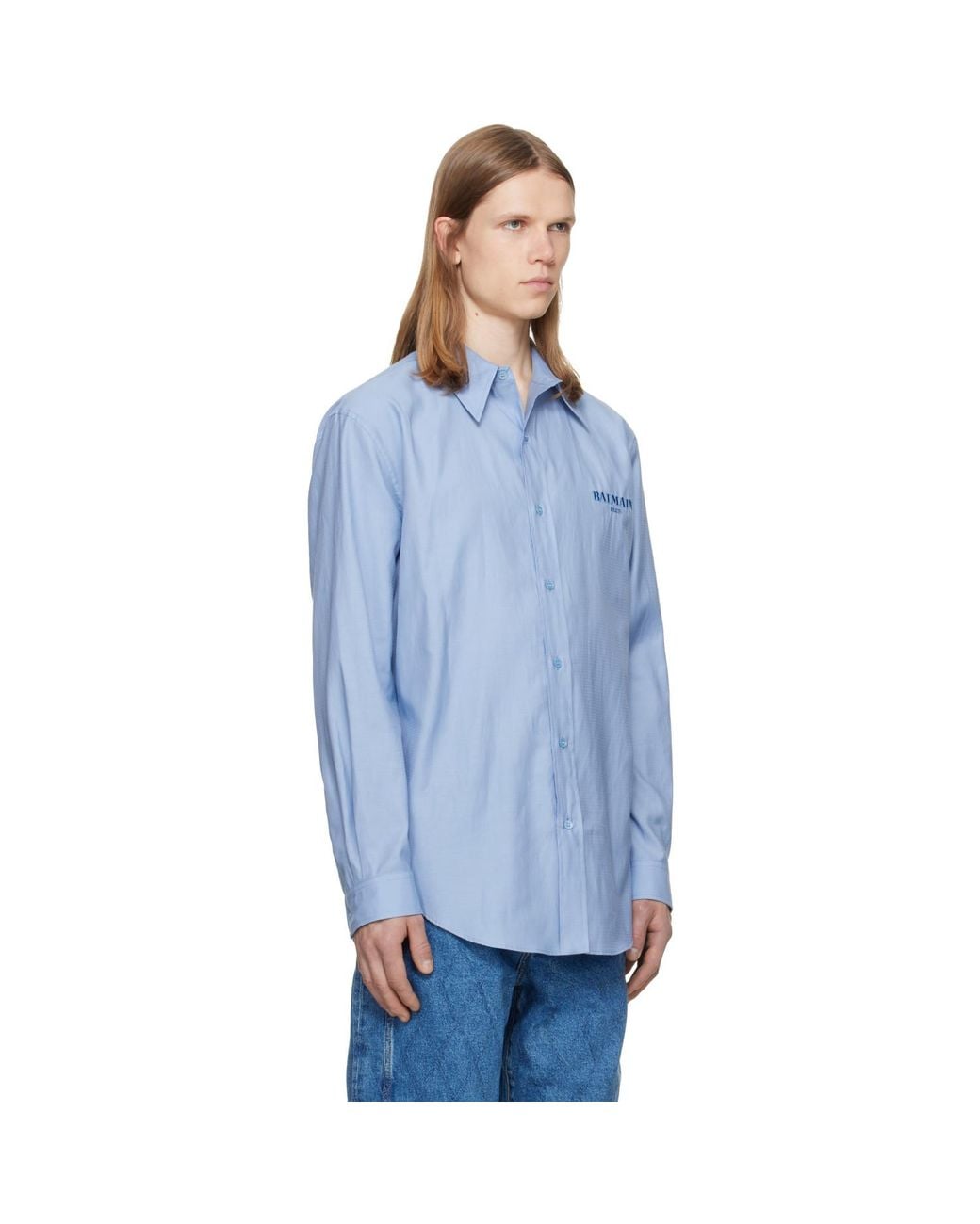 Balmain Blue Herringbone Poplin Regular Shirt for men