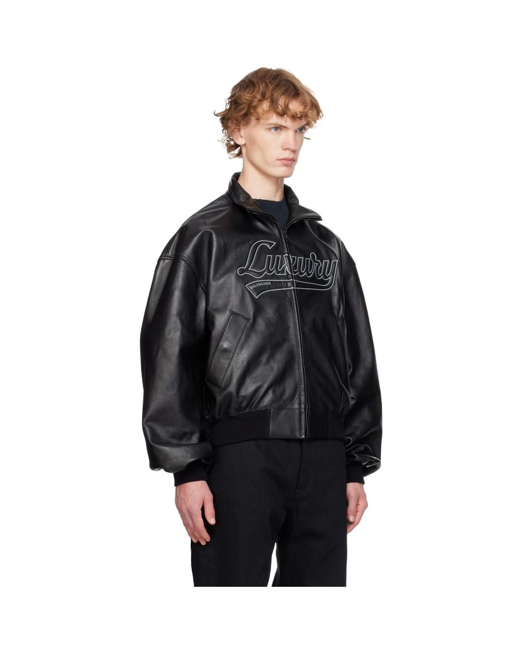 Balenciaga Black Smooth Semi Grainy Leather Bomber Jacket for men