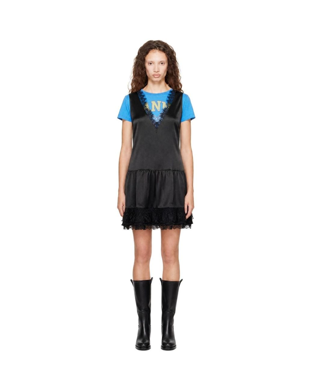 Ganni Blue Fluid Satin V-Neck Lace Mini Dress
