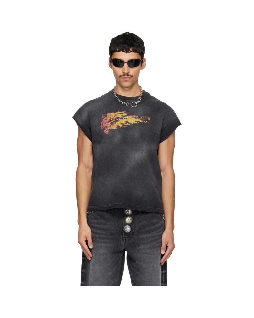 THUG CLUB Black Burnshot Slit Sleeve T-Shirt for men