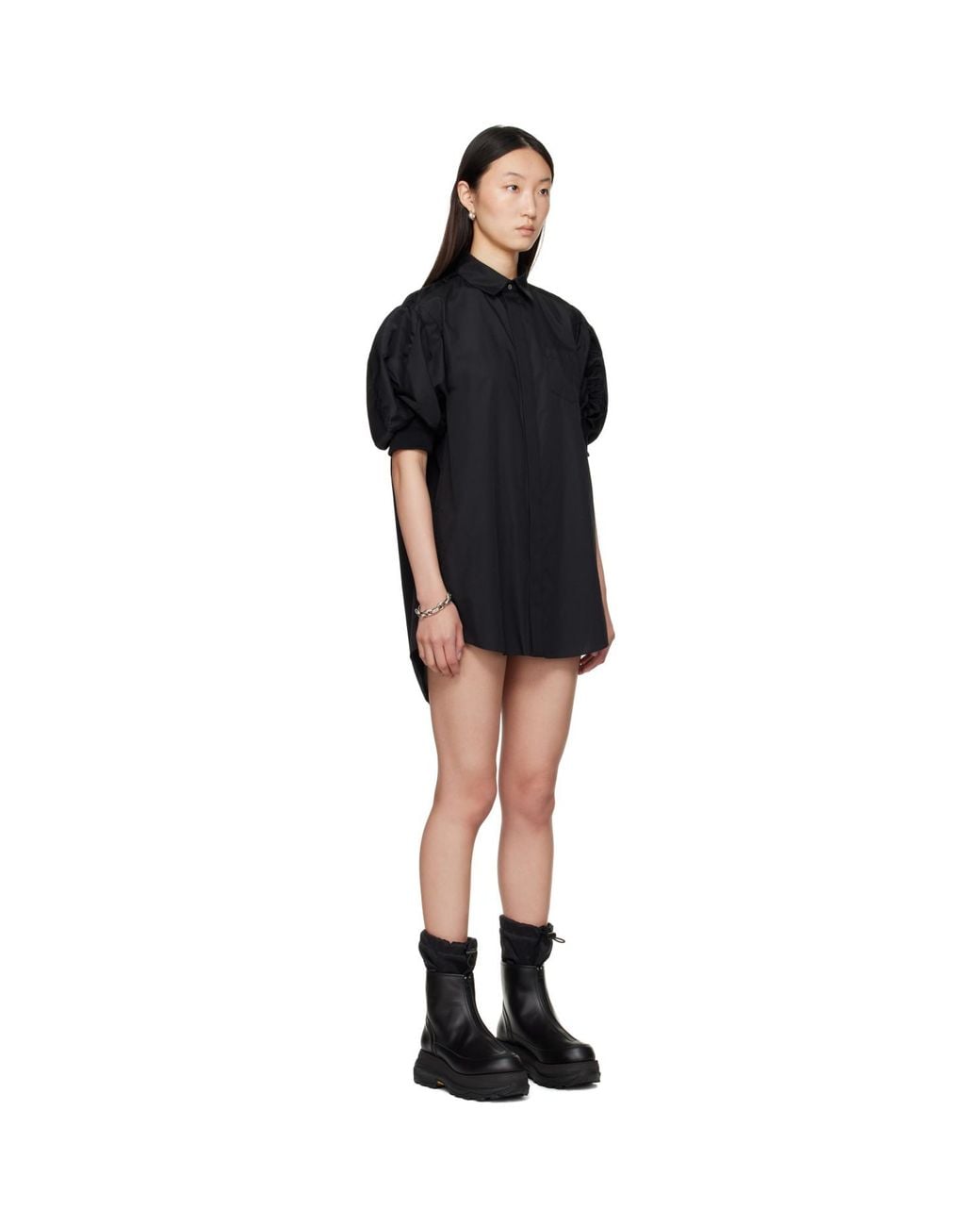 Sacai Black Cotton Poplin & Nylon Twill Minidress