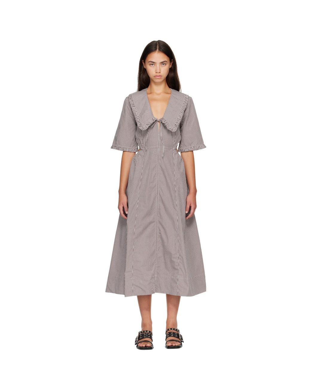 Ganni Brown Check Cotton Cut Out Midi Dress