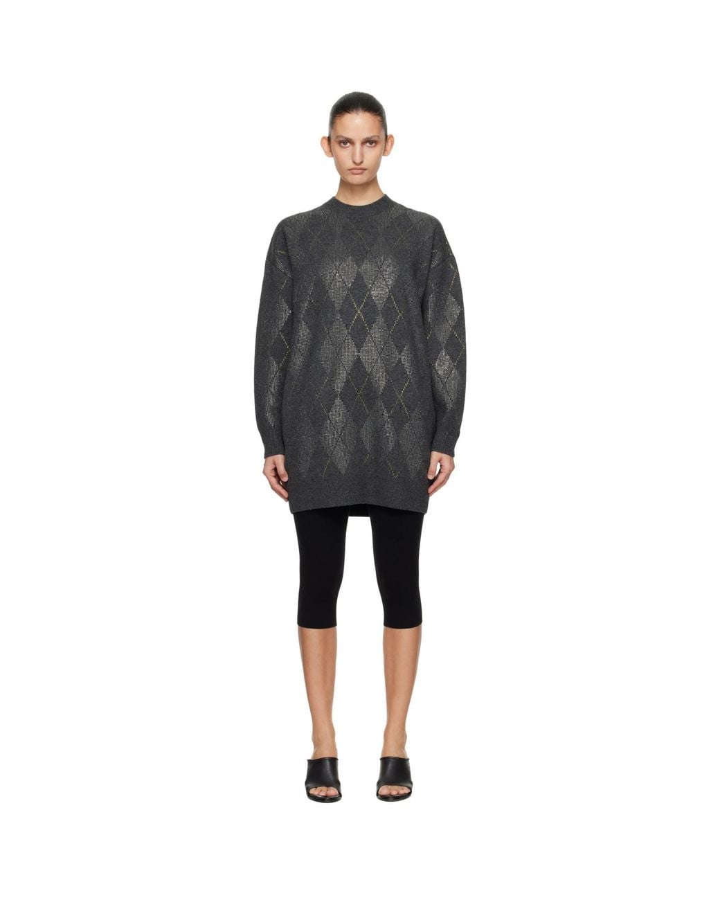 Alexander Wang Black Long Sleeve Crewneck Crystal Argyle Hotfix Minidress
