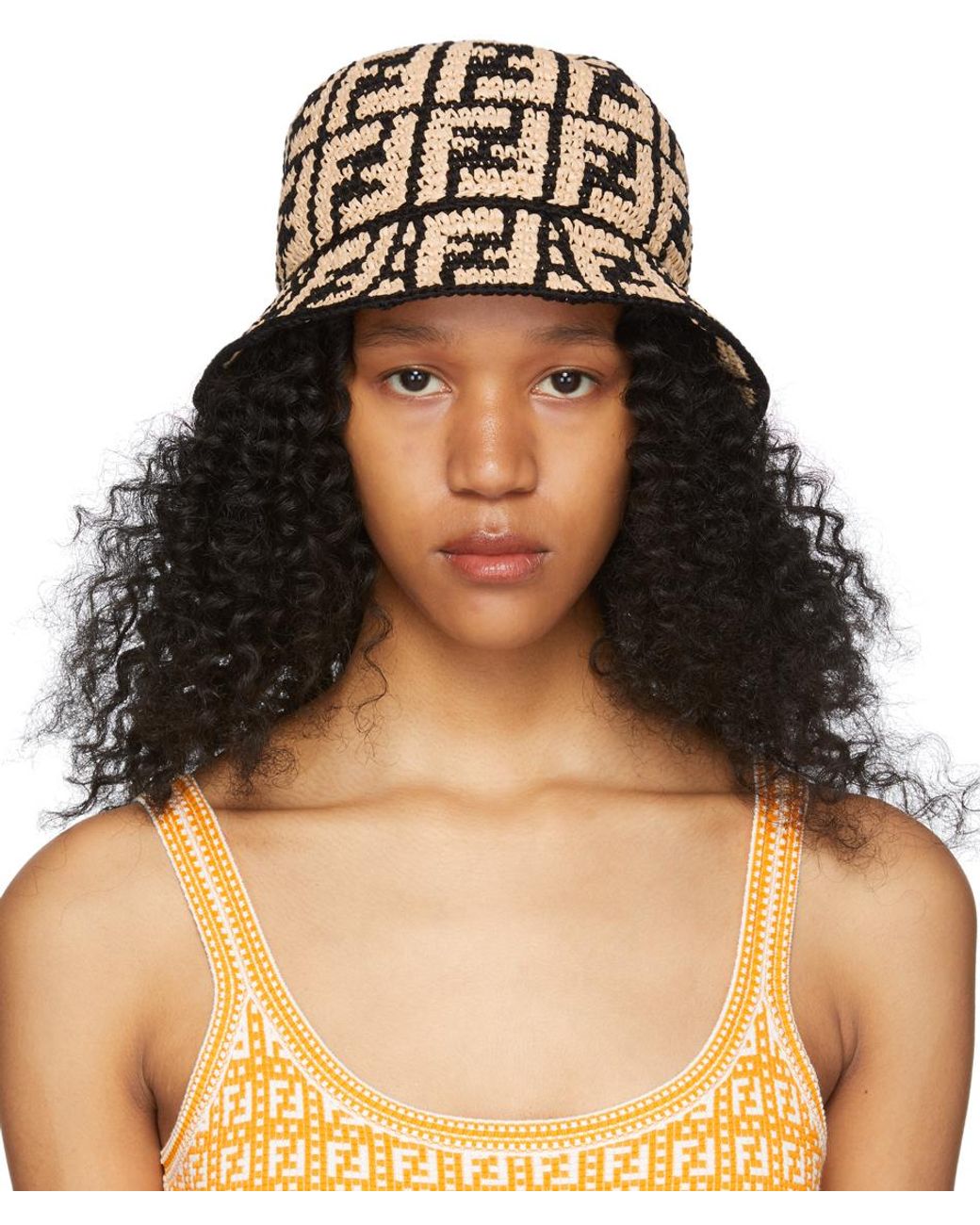 Fendi Synthetic Beige & Black Raffia 'forever ' Bucket Hat in Natural