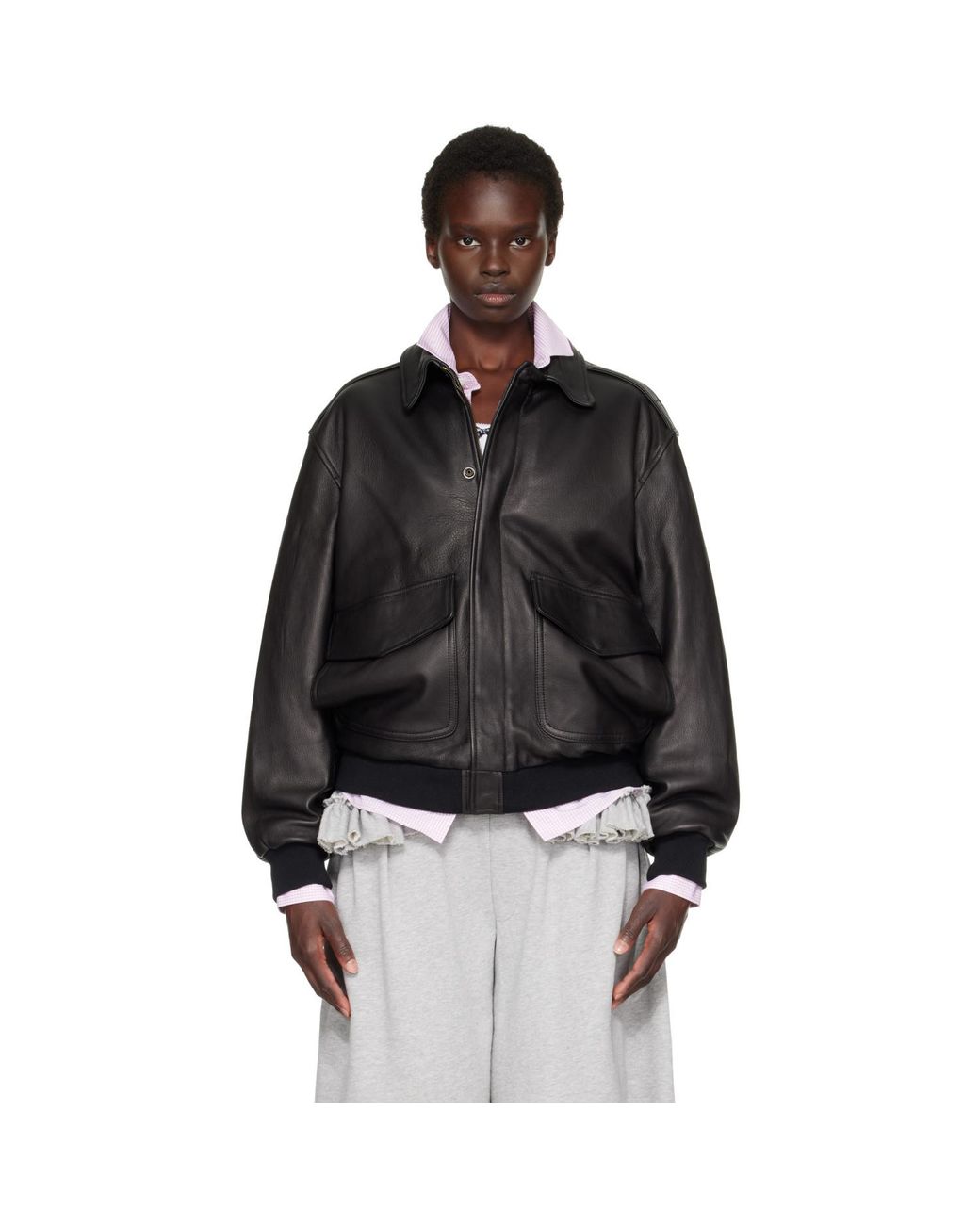 HOMMEGIRLS Black Zip Leather Bomber Jacket