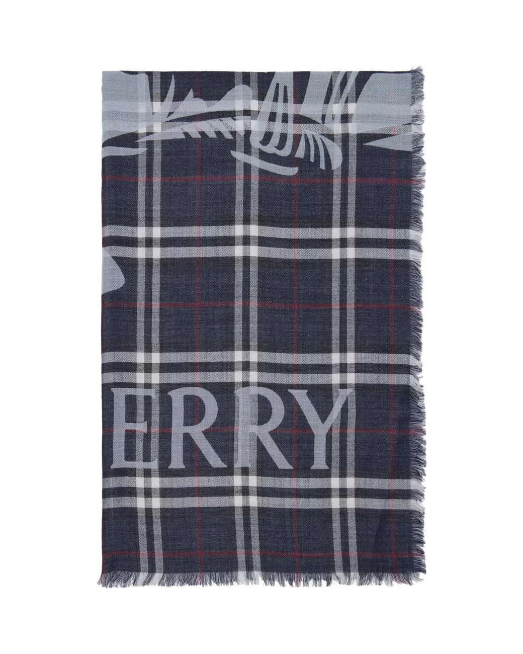 Burberry Blue Wide Ekd Check Wool Silk Scarf