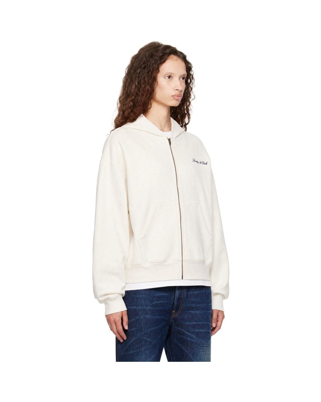 Sporty & Rich White Off- Signature Logo Embroidered Zip Hoodie