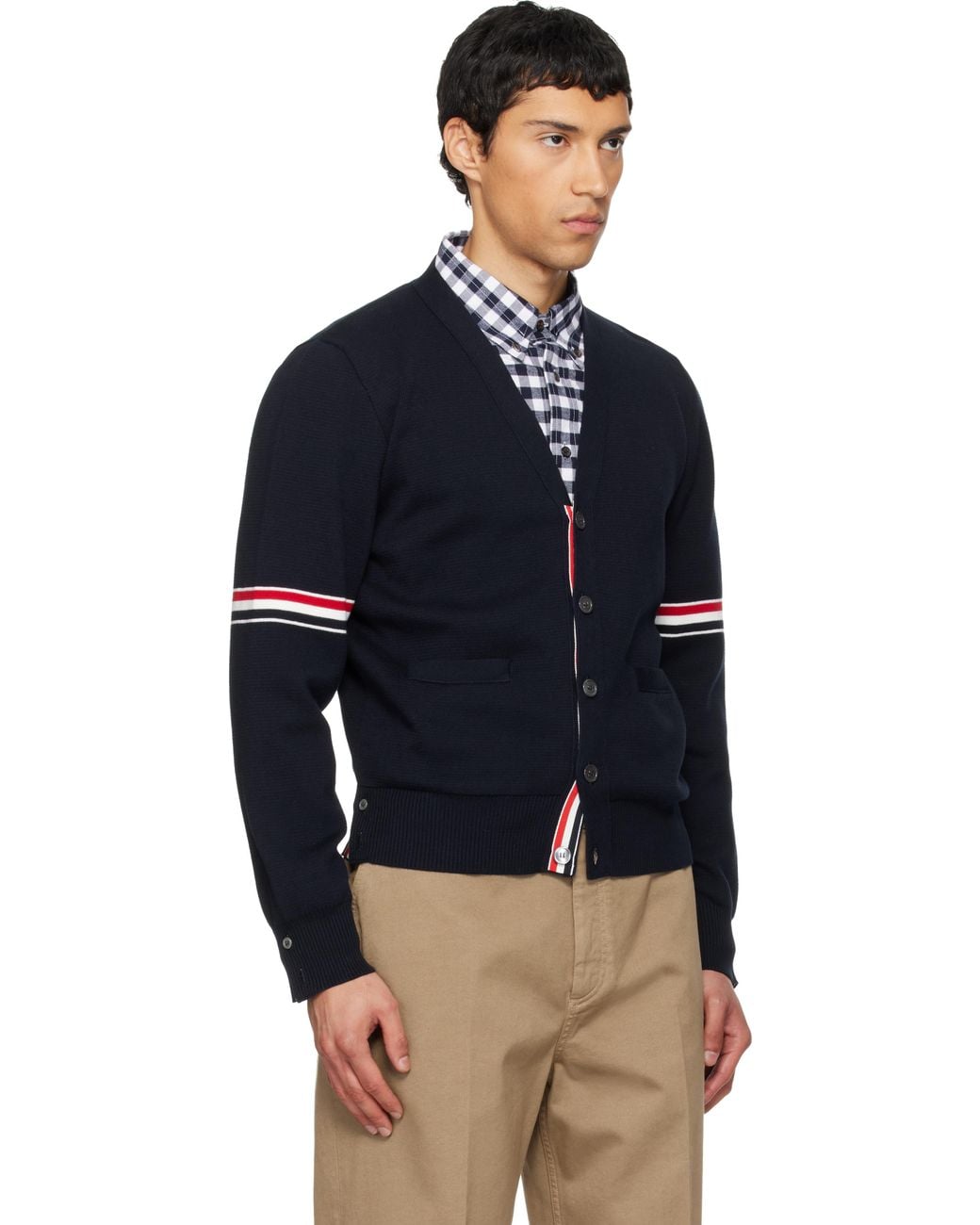 Thom Browne Blue Cotton Milano Stitch V-Neck Cardigan for men