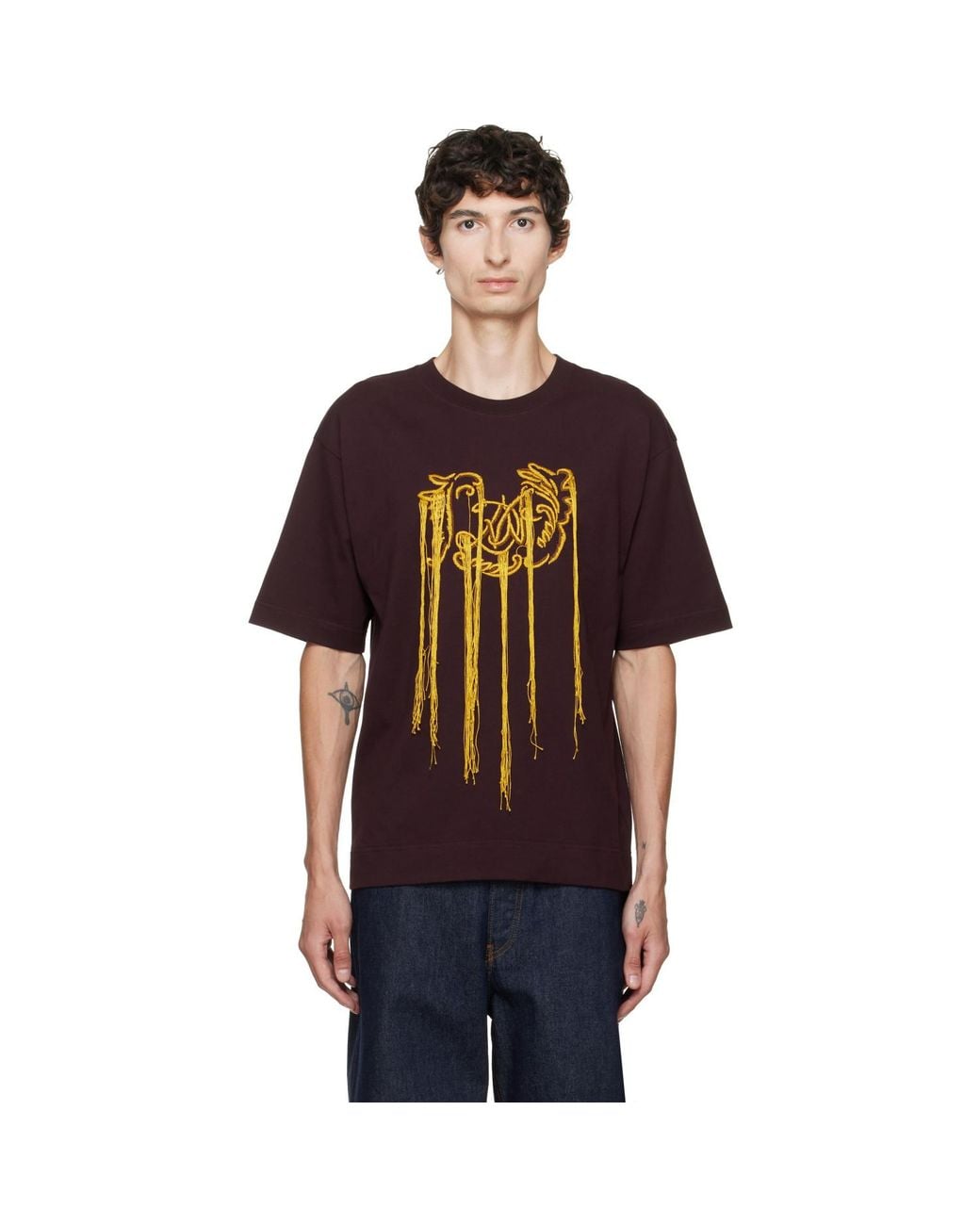 Dries Van Noten Black Burgundy Fringed T-Shirt for men