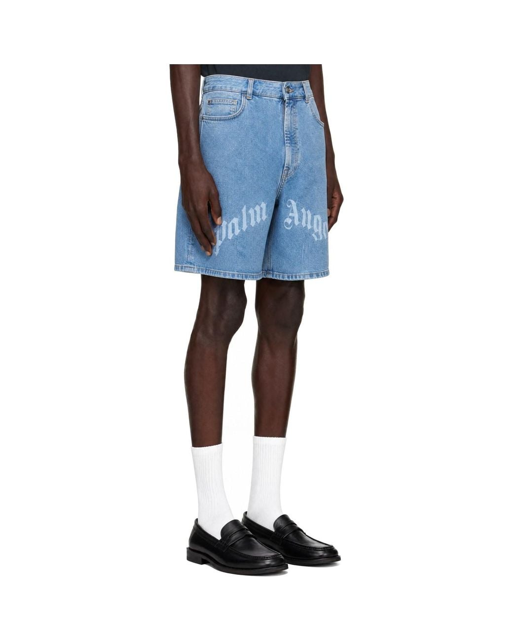 Palm Angels Blue Splitted Curved Logo Shorts for men