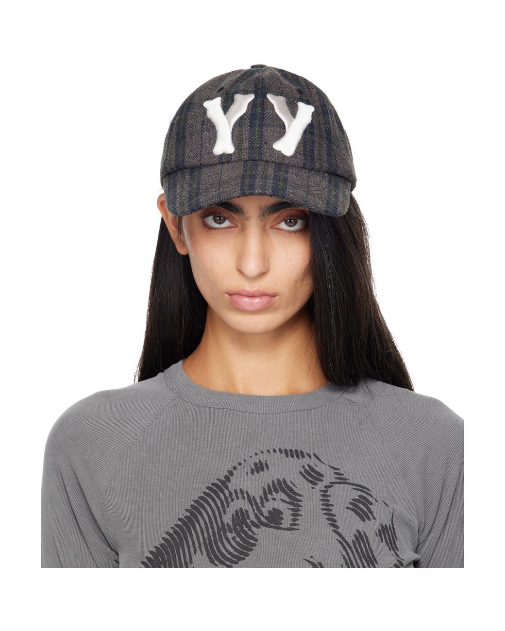 OPEN YY Gray 'Yy' Checkered Heart Bone Ball Cap