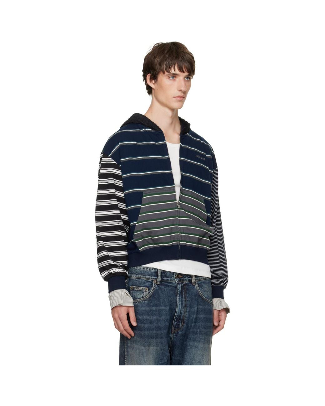 we11done Blue Layered Striped Zip-Up Hoodie for men