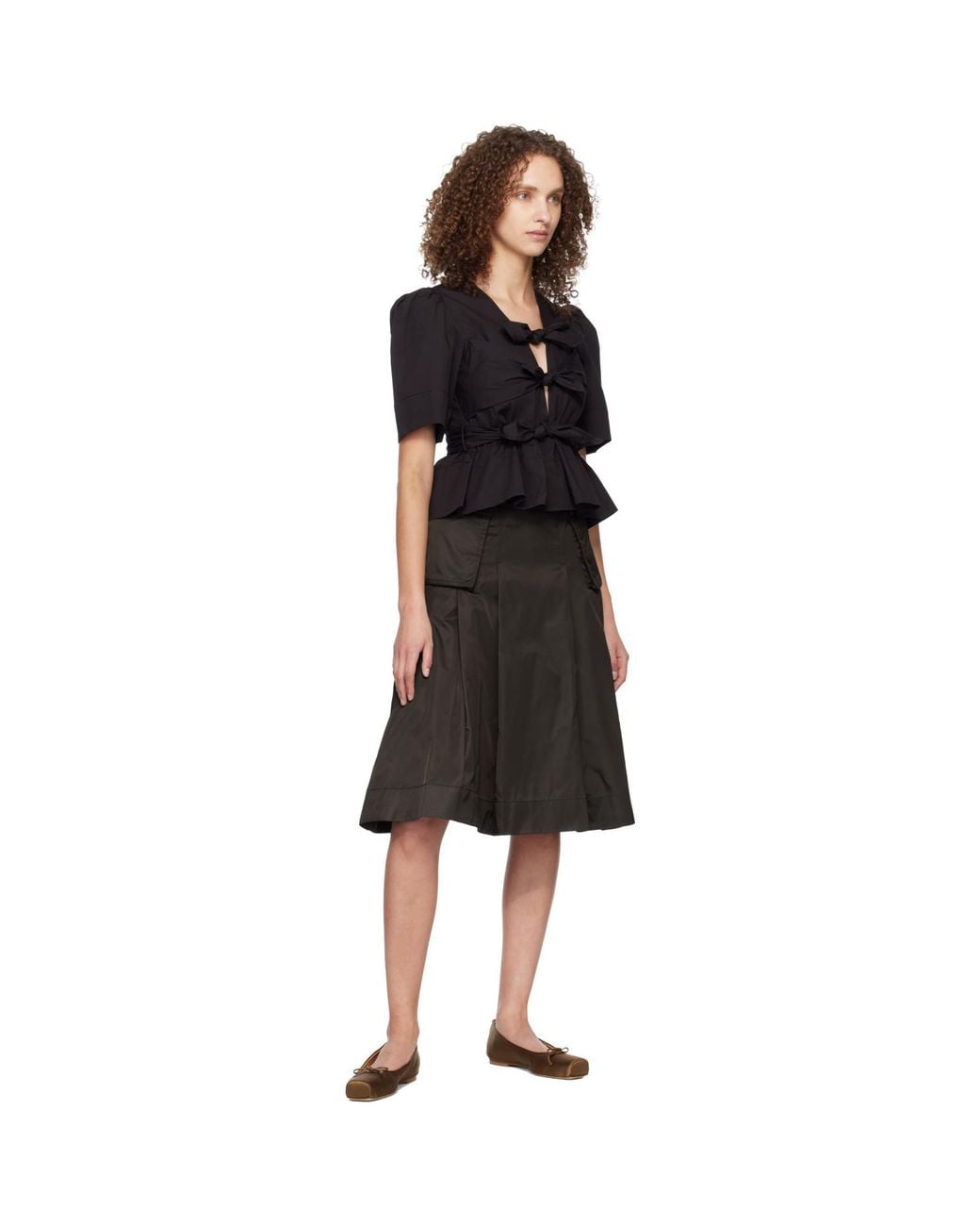 Ganni Black Washed Stretch Cotton Tie Strap Blouse