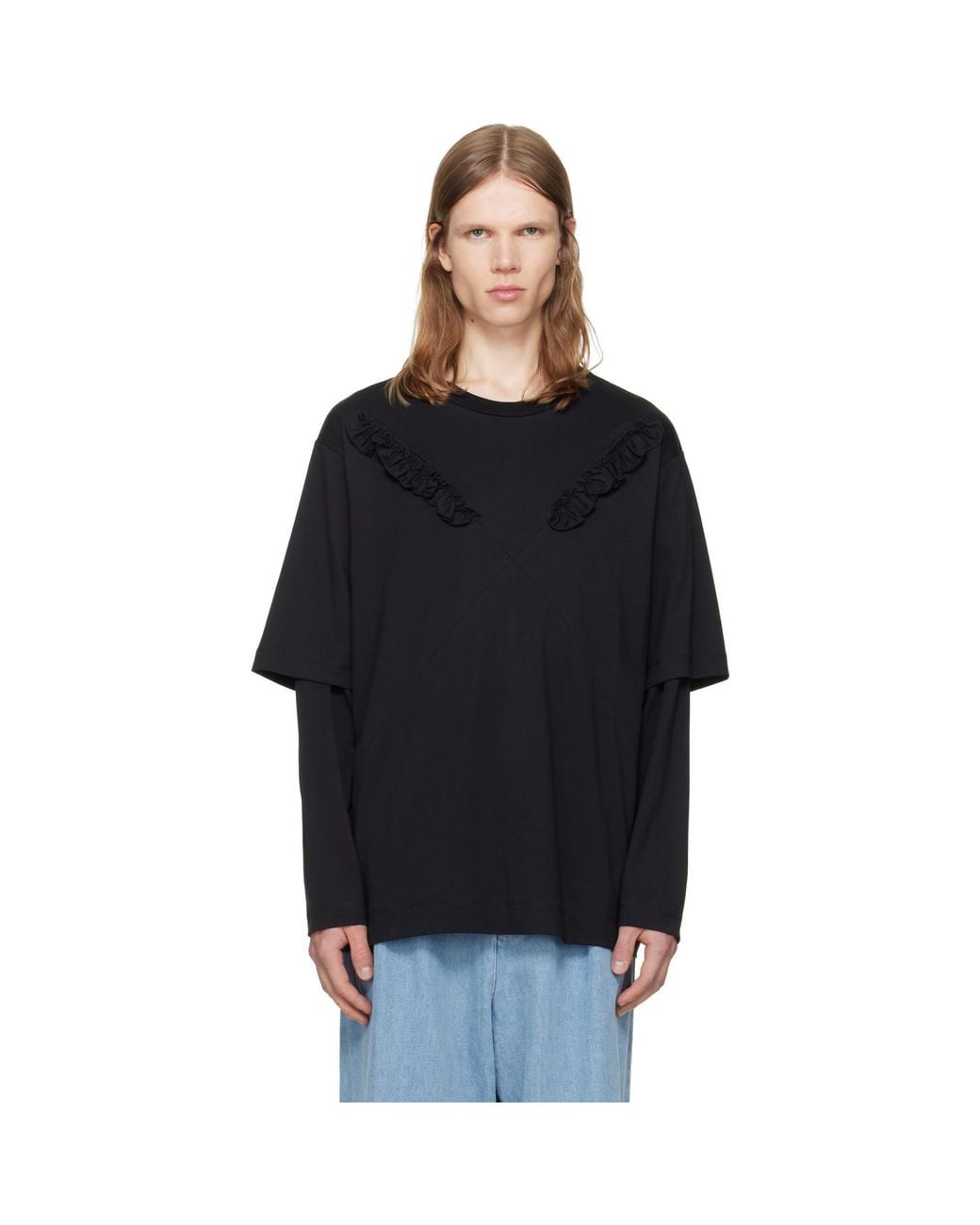 Simone Rocha Black Ruffle Slash Layered Long Sleeve T-Shirt for men